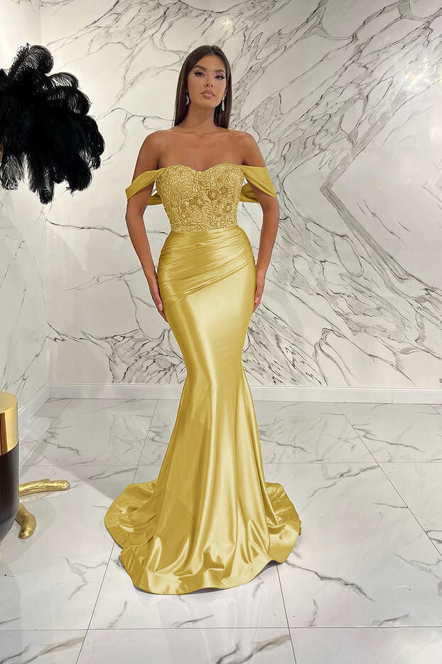 Gold Mermaid Prom Dress Off the Shoulder Formal Dress With Lace Appliques