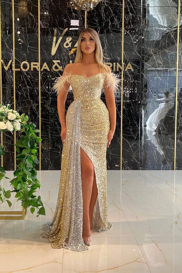 Gold Mermaid Prom Dress Off the Shoulder Sequined Formal Dress
