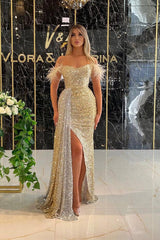 Gold Mermaid Prom Dress Off the Shoulder Sequined Formal Dress