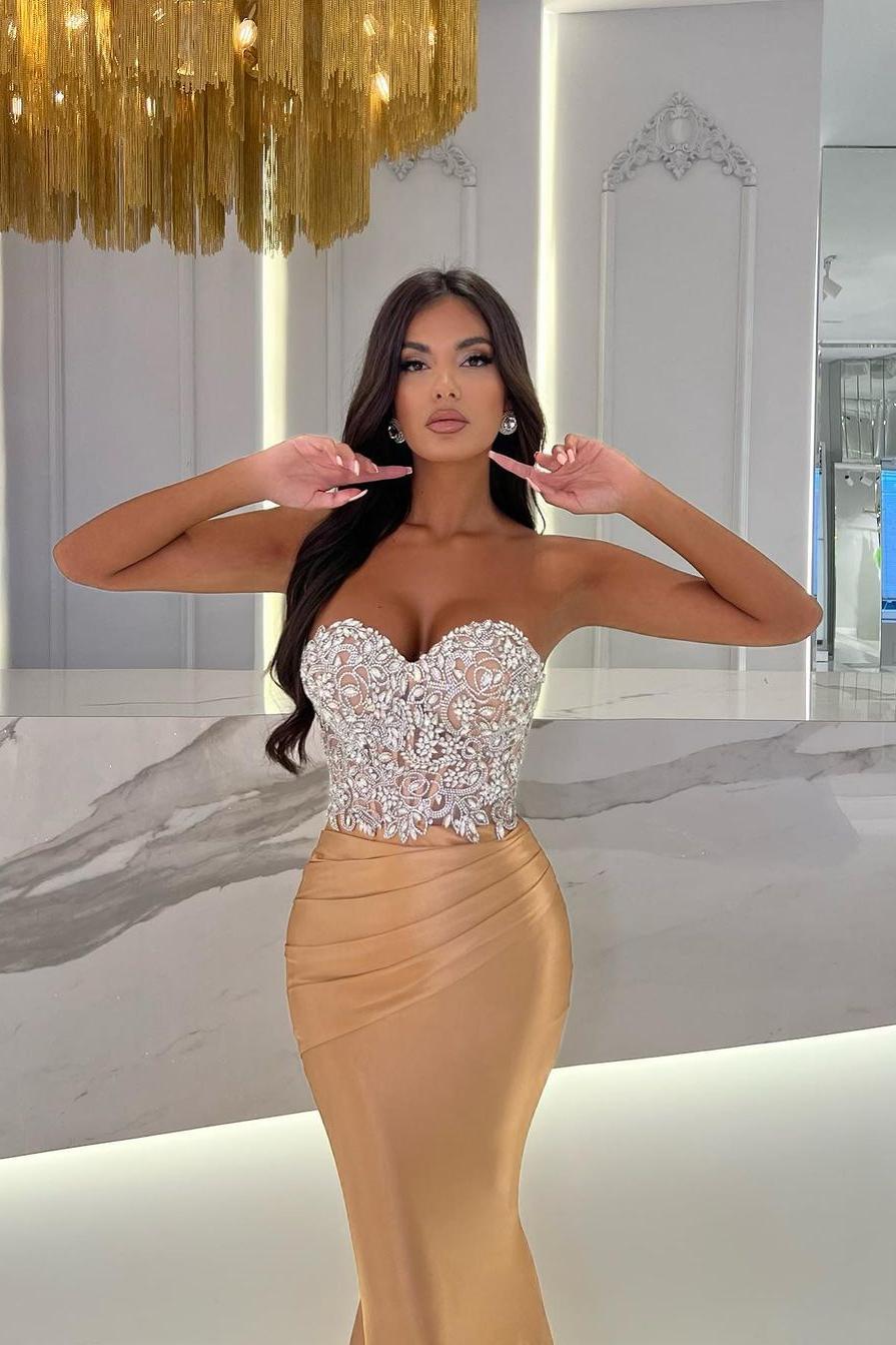 Gold Mermaid Prom Dress Sleeveless Sweetheart Beaded Formal Dress