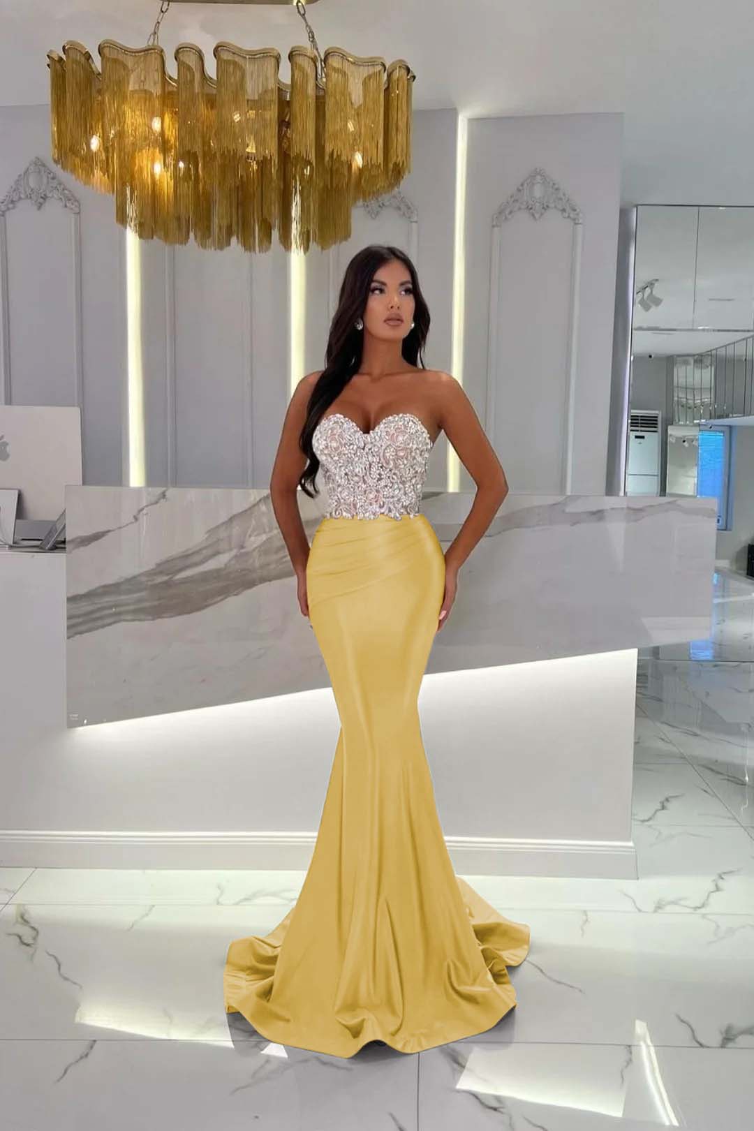 Gold Mermaid Prom Dress Sleeveless Sweetheart Beaded Formal Dress