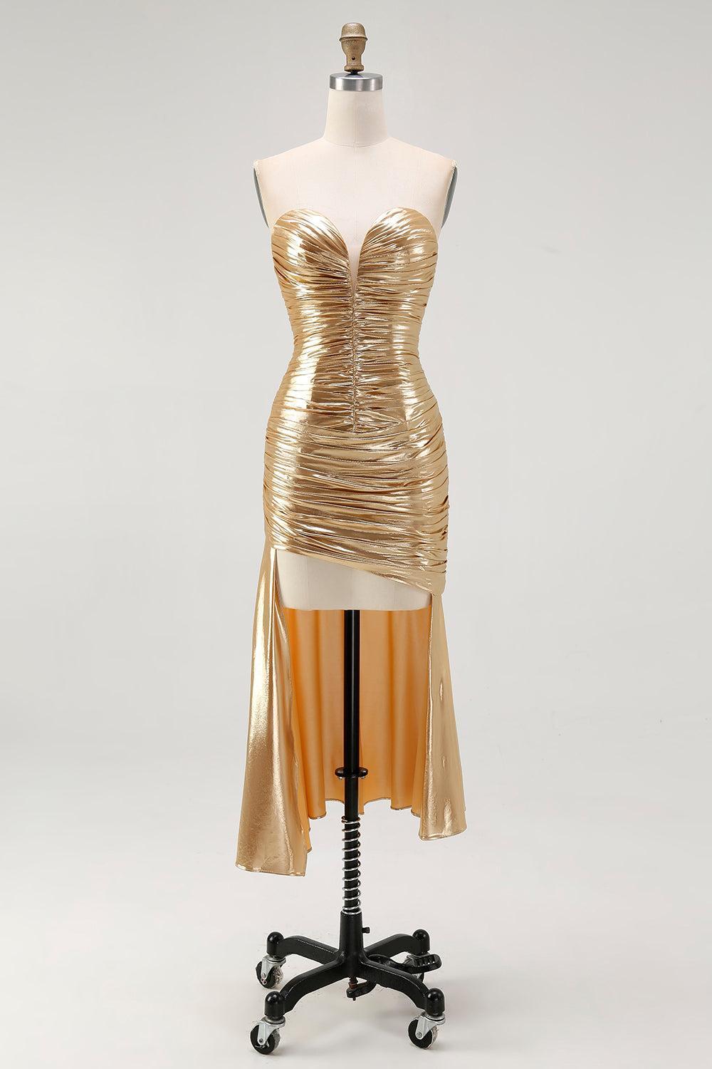 Sparkly Gold Metallic Sweetheart Ruched High-Low Cocktail Dress