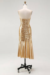 Sparkly Gold Metallic Sweetheart Ruched High-Low Cocktail Dress