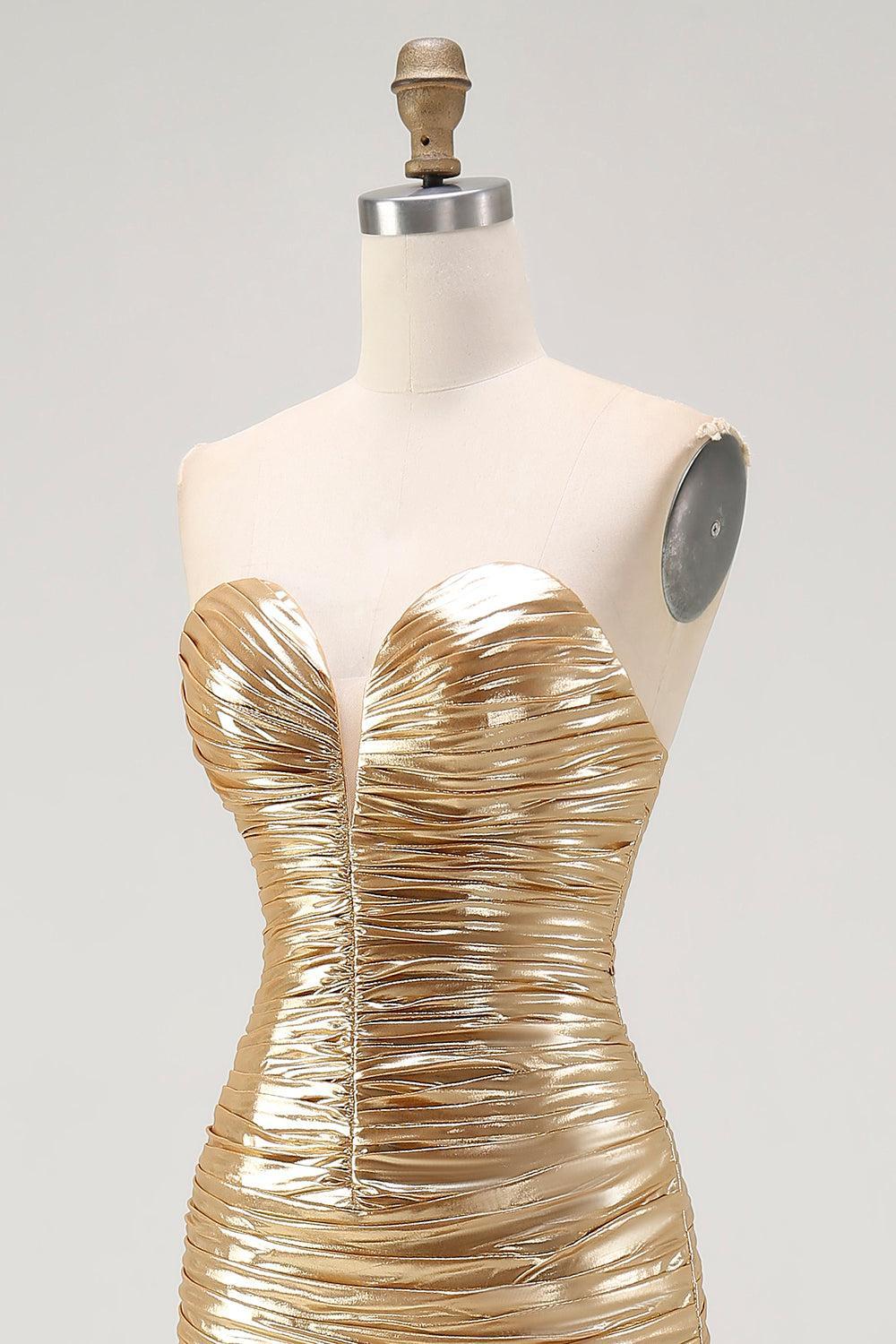 Sparkly Gold Metallic Sweetheart Ruched High-Low Cocktail Dress
