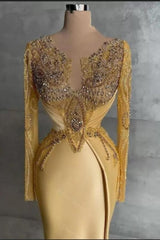 Gold Prom Dress Mermaid Lace Beading Formal Dress With Sleeves