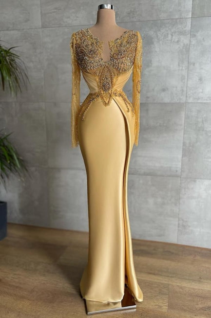 Gold Prom Dress Mermaid Lace Beading Formal Dress With Sleeves