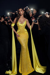 Gold Prom Dress Mermaid Strapless Sleeveless Sequined Floor Length Tulle Formal Dress