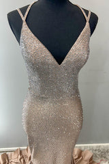 Gold Prom Dress Mermaid V-Neck Spaghetti Straps Long Formal Dress