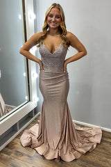 Gold Prom Dress Mermaid V-Neck Spaghetti Straps Long Formal Dress