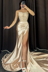 Gold Prom Dress Sweetheart Corset Long Formal Dress With Lace