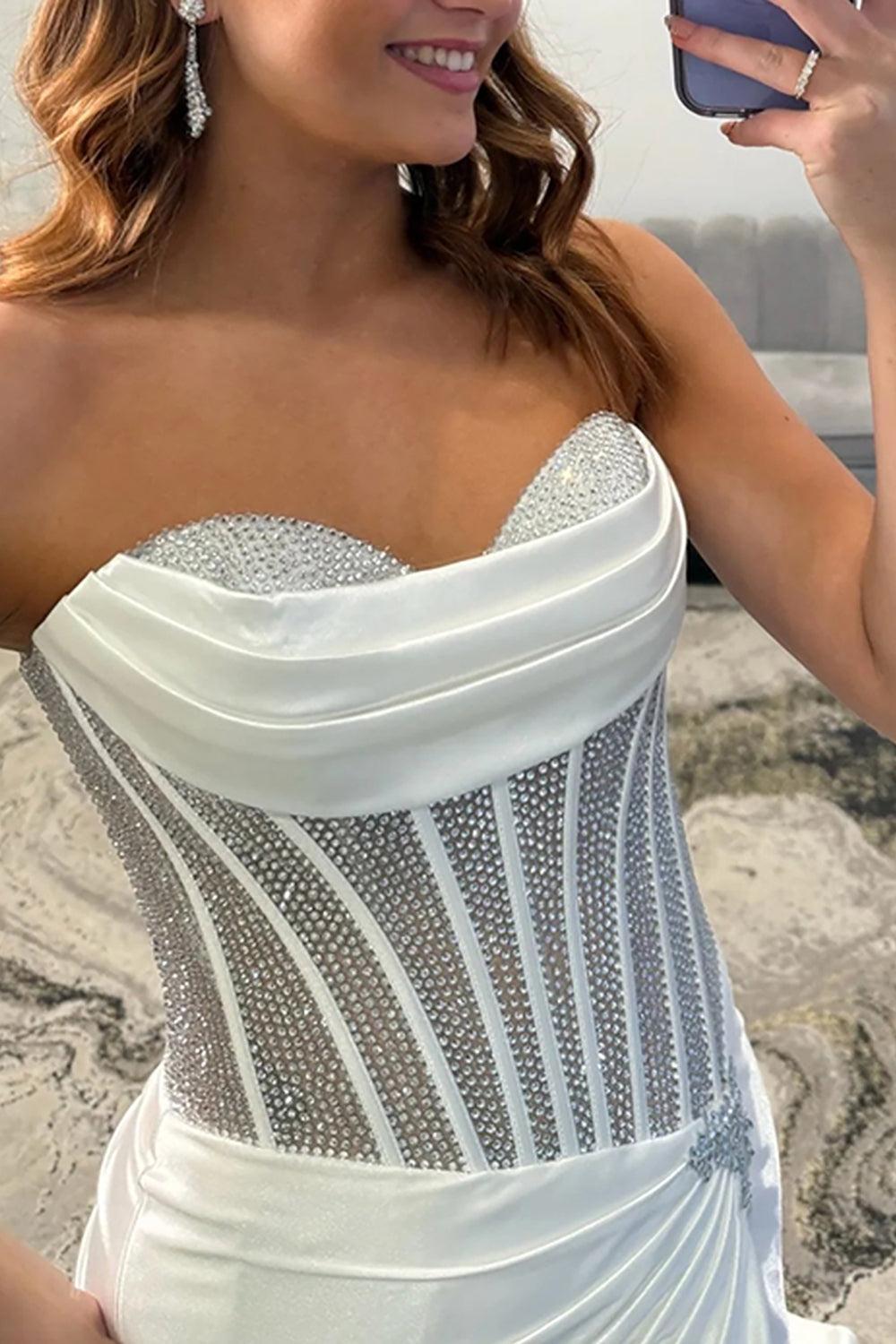 Gold Satin Corset Prom Dress Mermaid Beaded Long Formal Dress With Slit