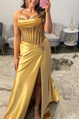 Gold Satin Corset Prom Dress Mermaid Beaded Long Formal Dress With Slit