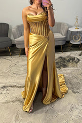 Gold Satin Corset Prom Dress Mermaid Beaded Long Formal Dress With Slit