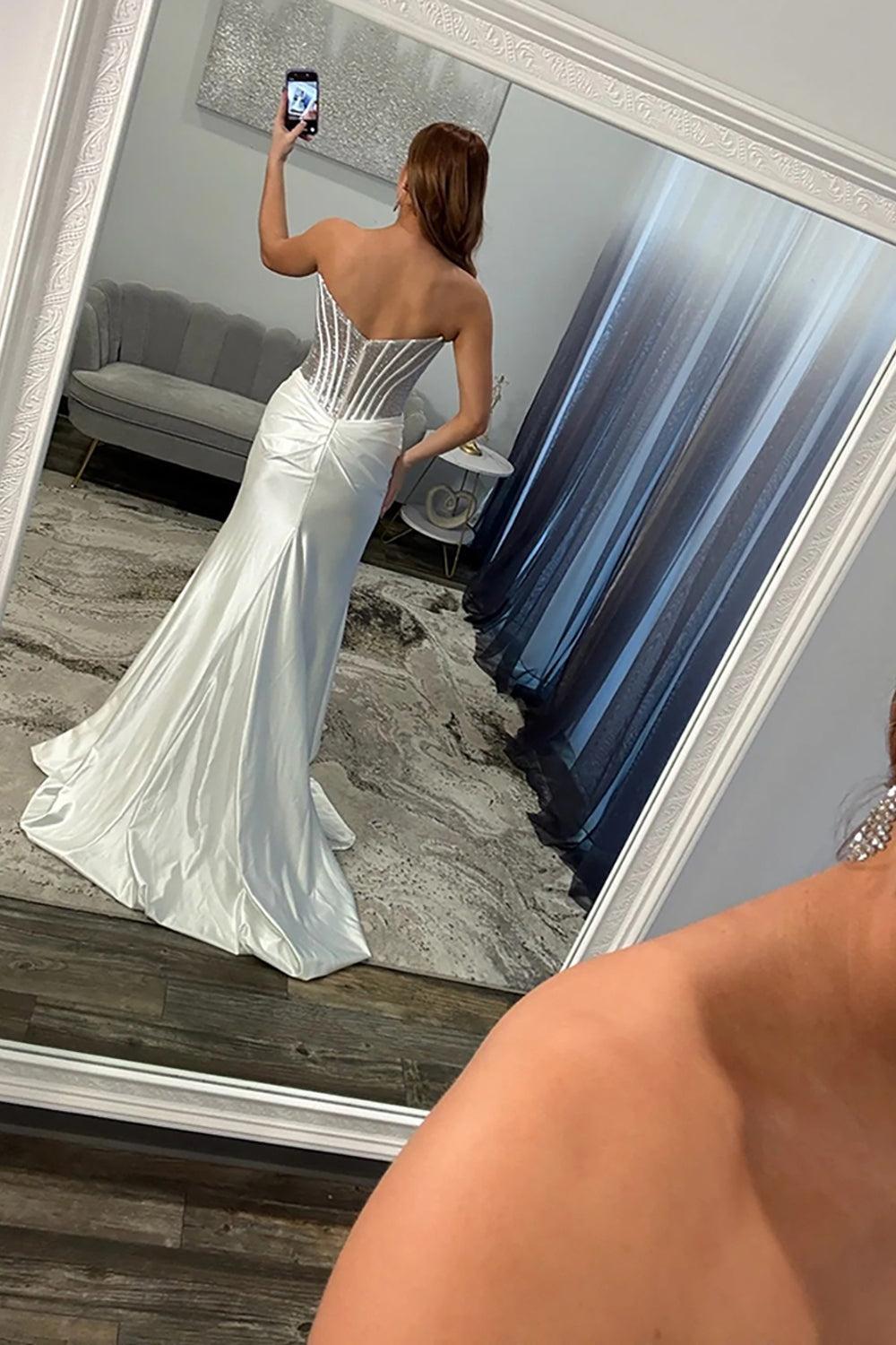 Gold Satin Corset Prom Dress Mermaid Beaded Long Formal Dress With Slit