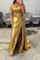 Gold Satin Corset Prom Dress Mermaid Beaded Long Formal Dress With Slit