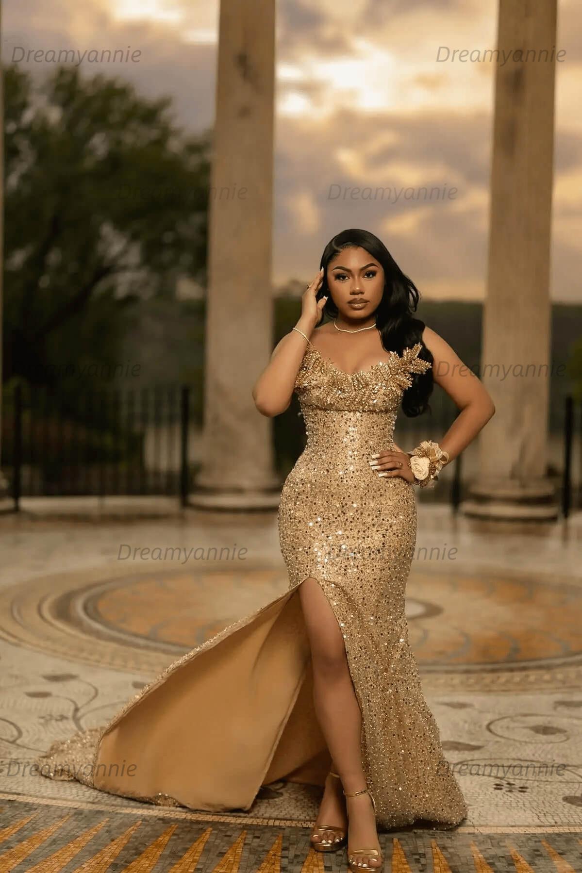 Gold Mermaid Prom Dress Beaded Strapless Formal Evening Dress with Slit