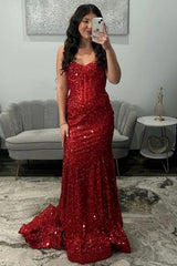 Champagne Sequins Prom Dress Corset Mermaid Spaghetti Straps Long Formal Dress