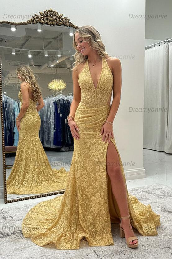 Dreamyannie Halter Pink Prom Dress Long Lace Formal Dress With Slit