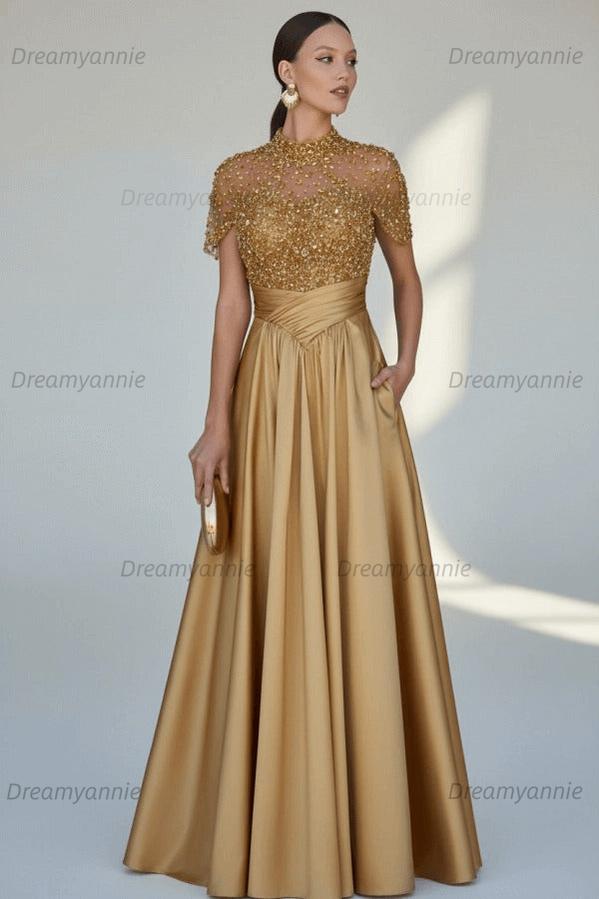Green A Line Prom Dress Short Sleeve High Neck Beaded Formal Dress