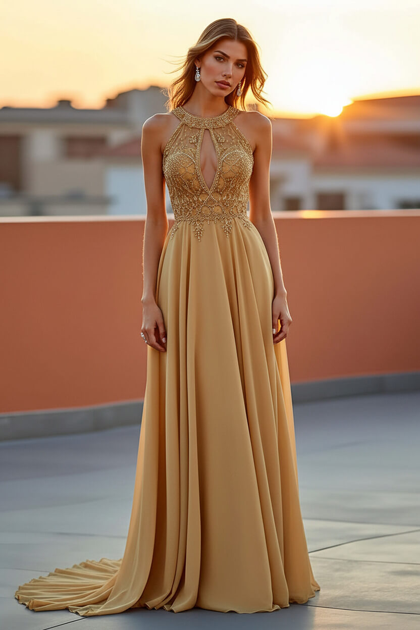 Dreamyannie Beaded Navy Wedding Guest Dress Halter Long Formal Dress With Embroideries