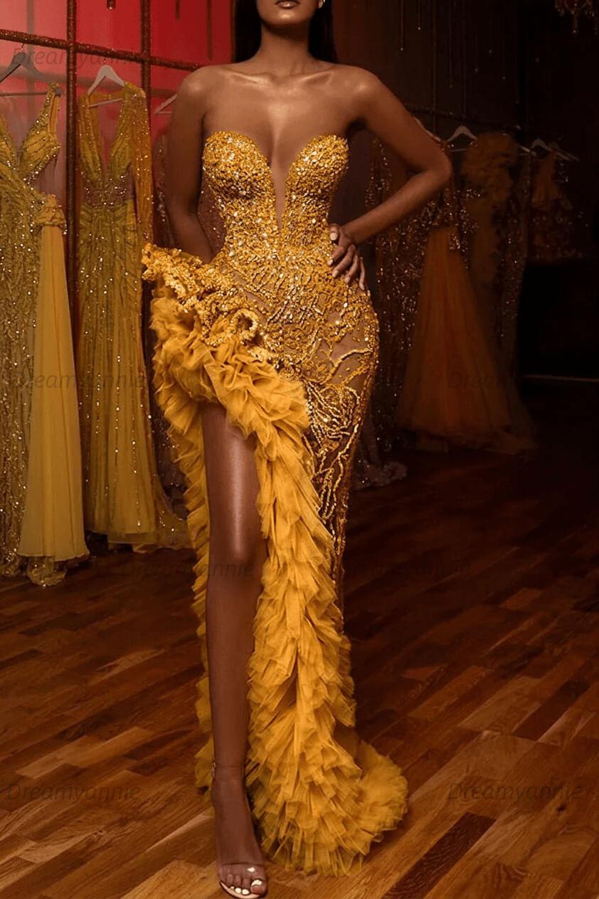 Dreamyannie Mermaid Prom Dress Beading Sleeveless Long Split Evening Dress With Ruffles