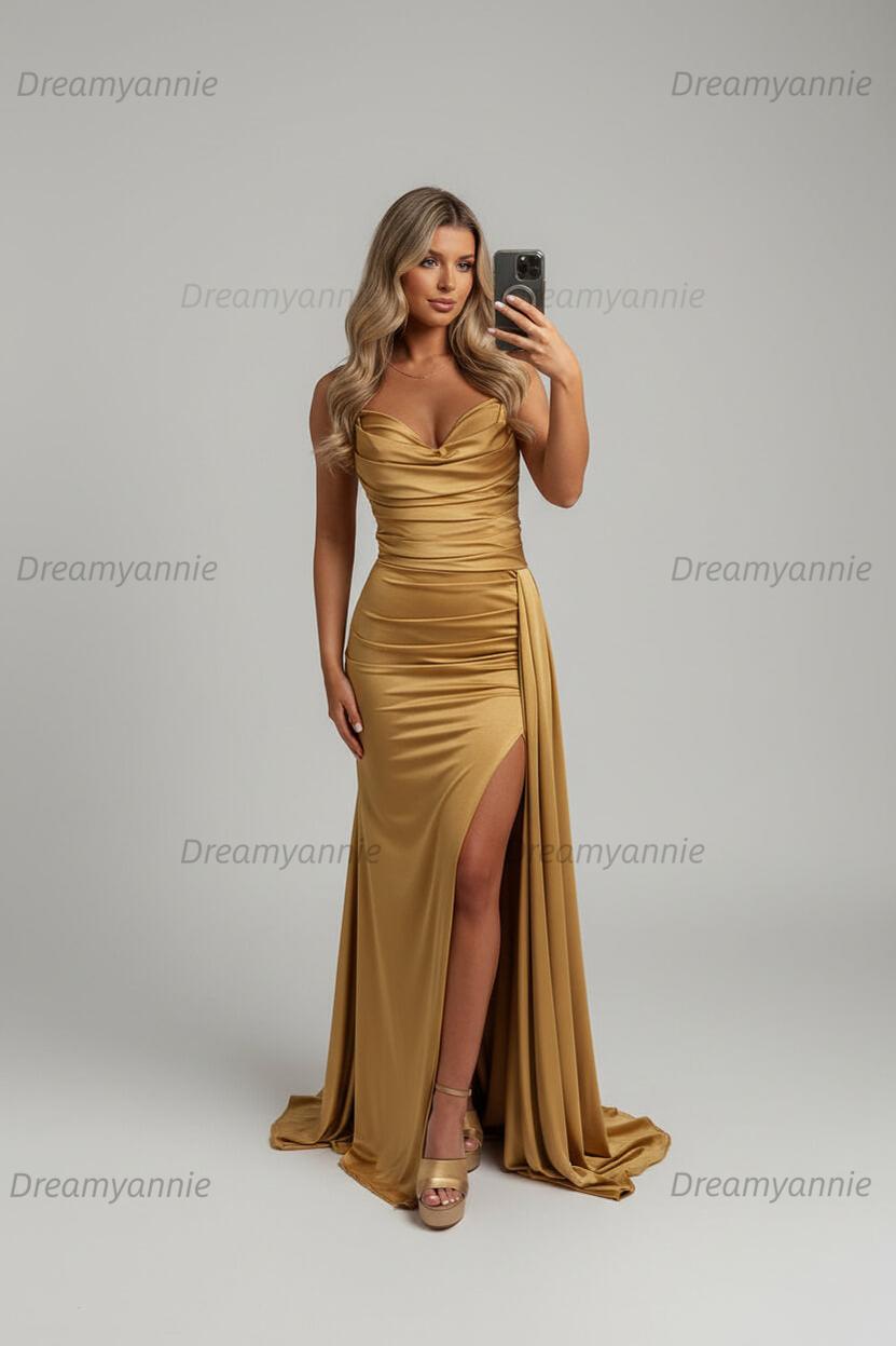 Dreamyannie Orange Prom Dress Ruched Mermaid Side Cape Long Formal Dress With Slit