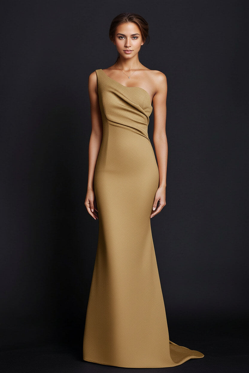 Dreamyannie One Shoulder Khaki Wedding Guest Dress Mermaid Long Formal Dress