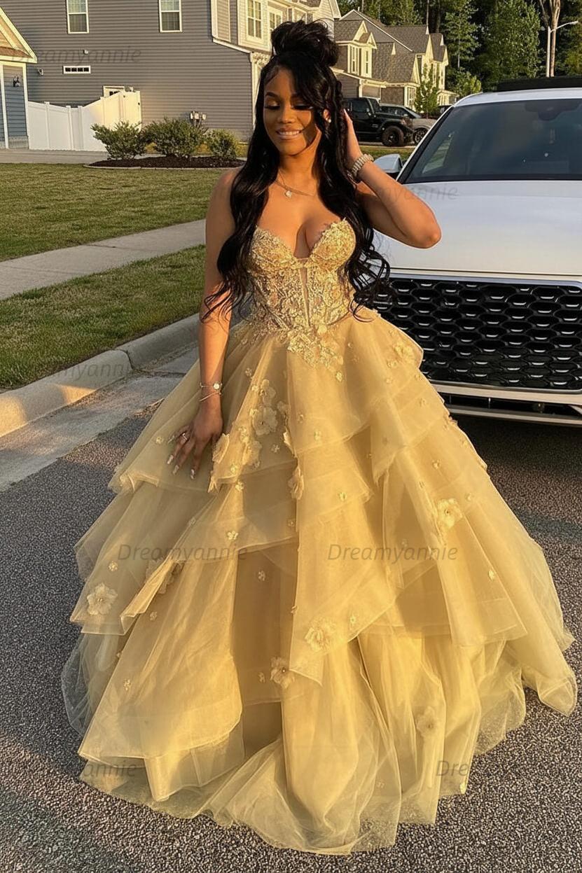 Dreamyannie Sage Prom Dress Floral Tiered Ruffles A-Line Sweetheart Corset Long Formal Dress