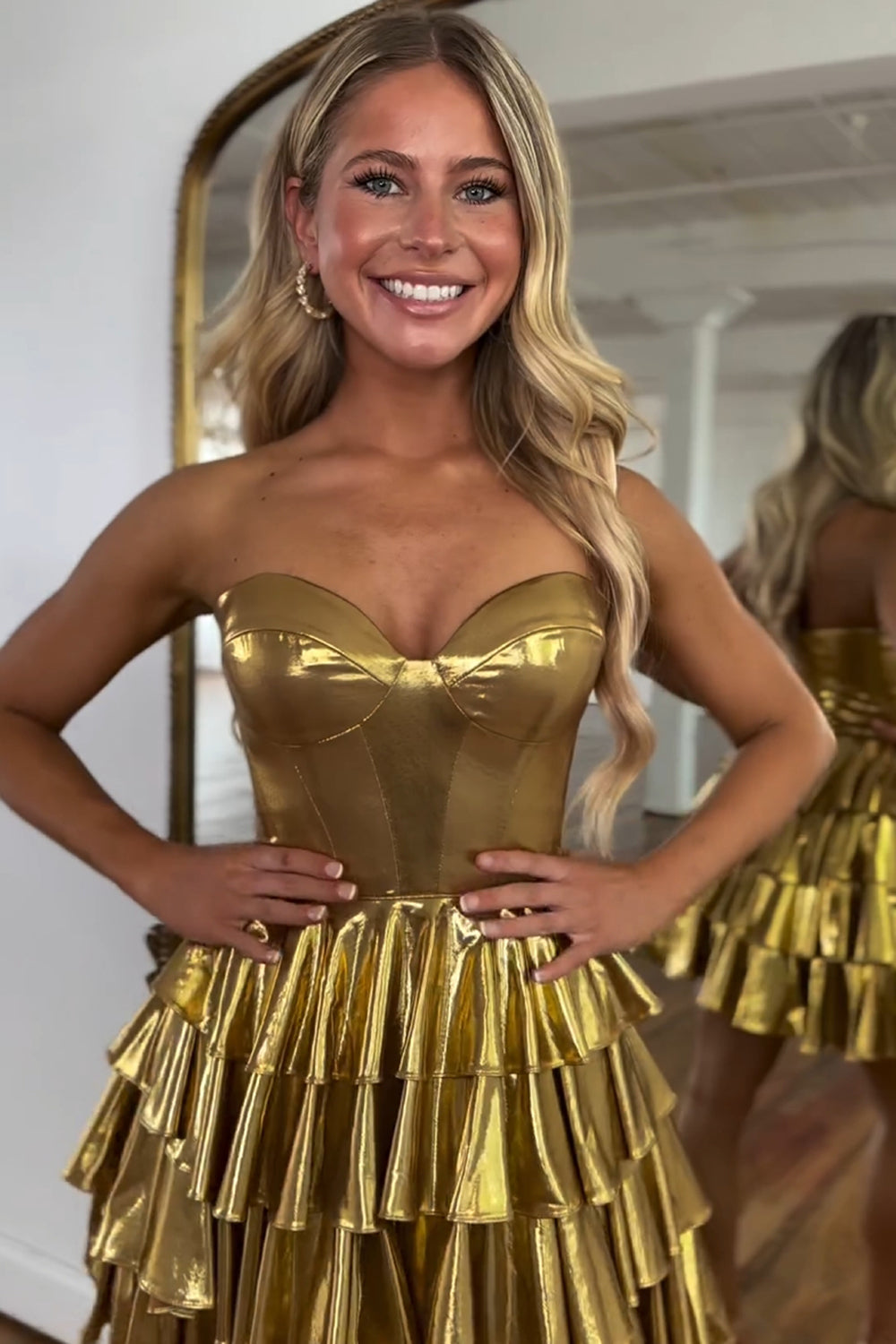 Golden Homecoming Dress A Line Corset Short Prom Dress With Ruffles