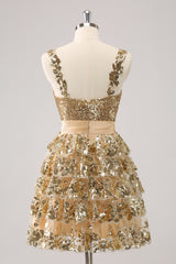 Golden Homecoming Dress A Line Sequin Short Ruffled Prom Dress