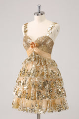 Golden Homecoming Dress A Line Sequin Short Ruffled Prom Dress