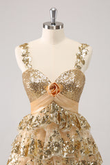 Golden Homecoming Dress A Line Sequin Short Ruffled Prom Dress