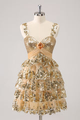 Golden Homecoming Dress A Line Sequin Short Ruffled Prom Dress