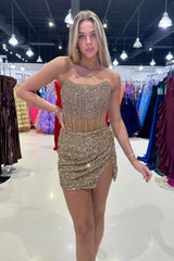 Golden Homecoming Dress Corset Beaded Strapless Tight Short Prom Dress
