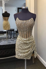 Golden Homecoming Dress Corset Beaded Strapless Tight Short Prom Dress