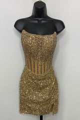 Golden Homecoming Dress Corset Beaded Strapless Tight Short Prom Dress