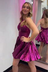 Golden Homecoming Dress Criss Cross Halter A Line Pleated Short Cocktail Dresses