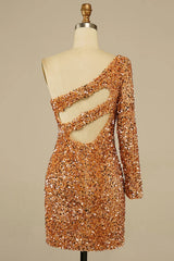 Golden Homecoming Dress Cut Out Open Back One Shoulder Sequin Cocktail Party Dresses