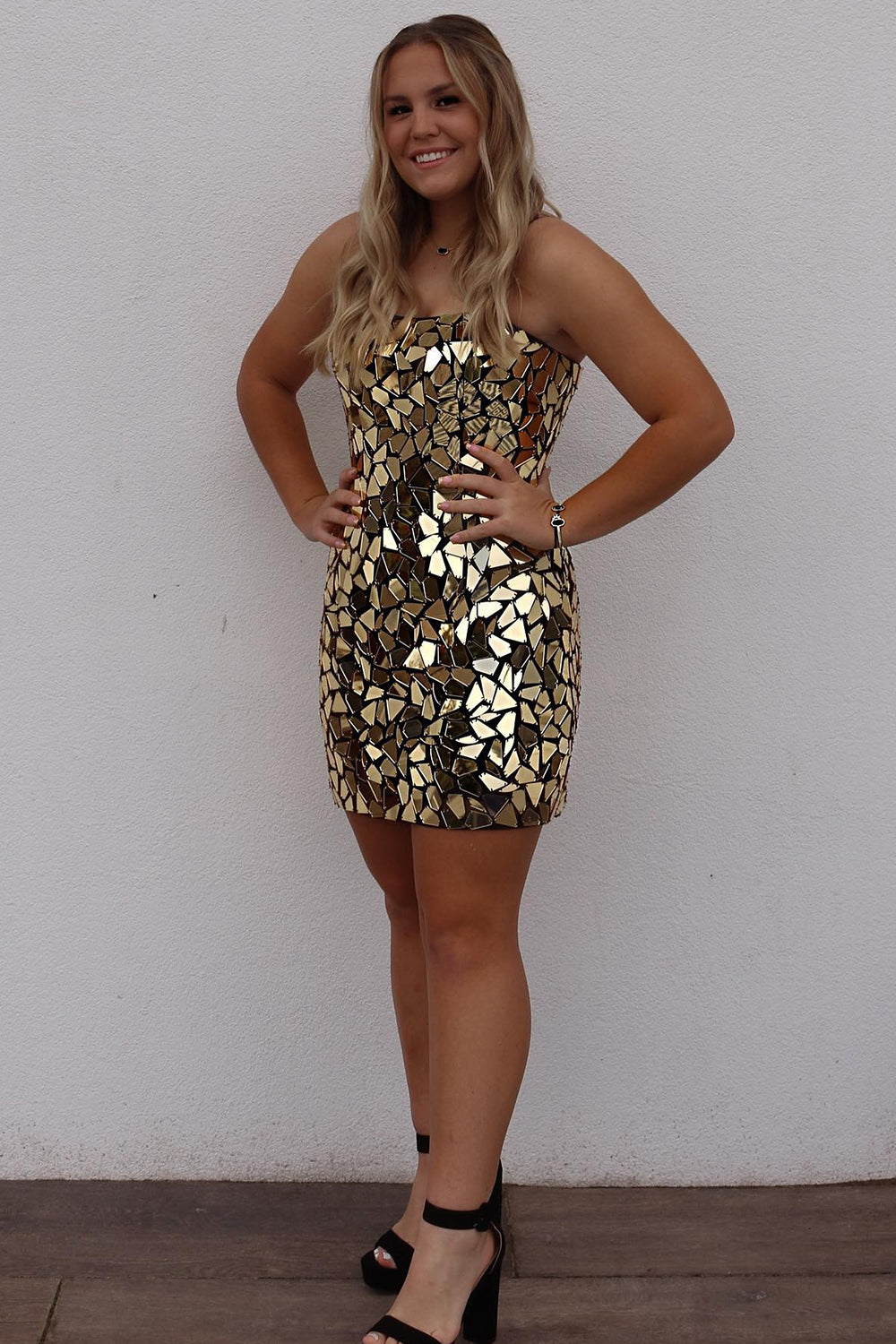 Golden Homecoming Dress Mirror Short Tight Prom Dress