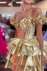 Golden Homecoming Dress Off The Shoulder Corset Short Prom Dress With Ruffles