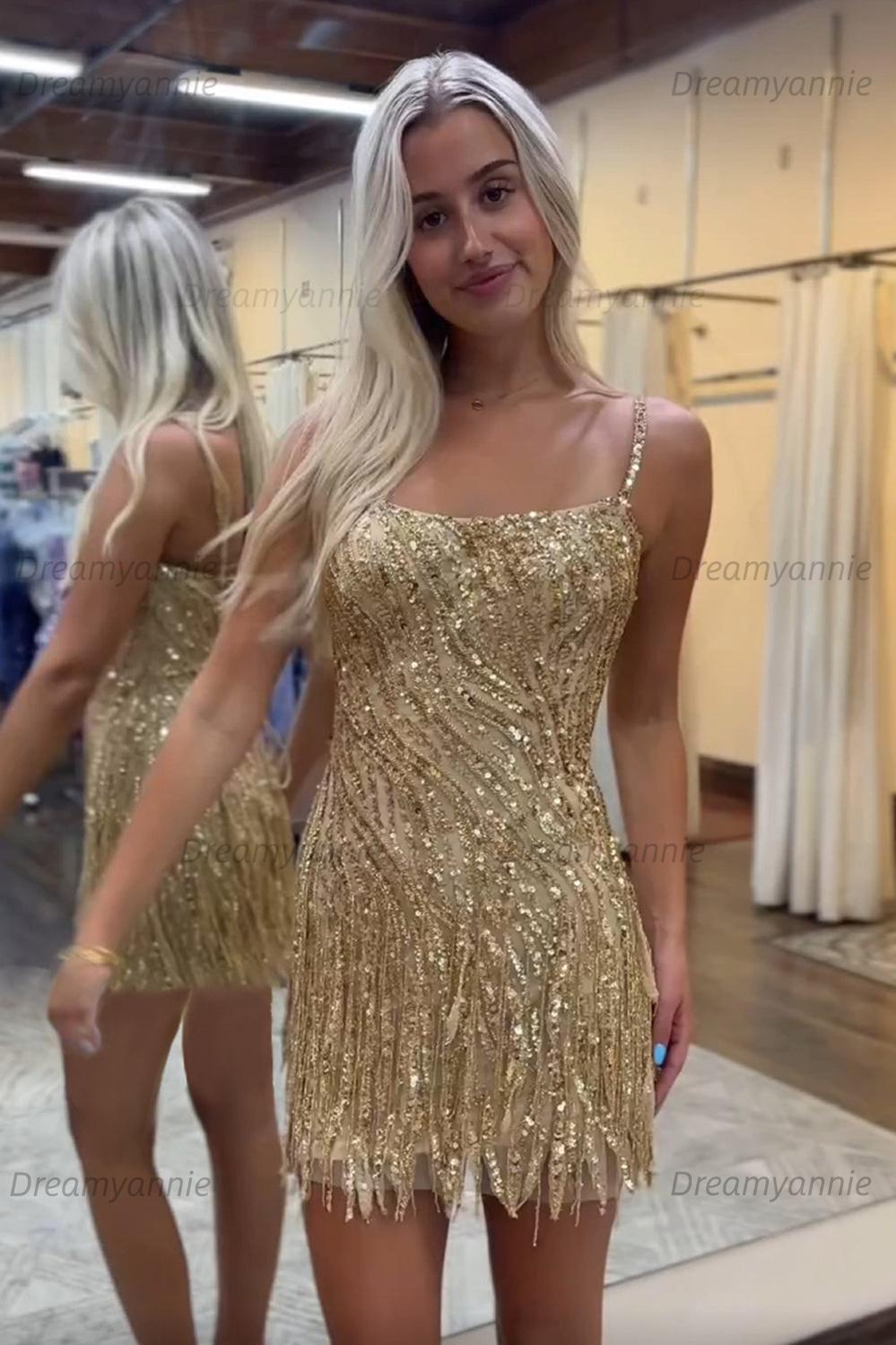 Golden Homecoming Dress Spaghetti Straps Beaded Fringed Tight Short Hoco Dress
