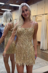 Golden Homecoming Dress Spaghetti Straps Beaded Fringed Tight Short Hoco Dress