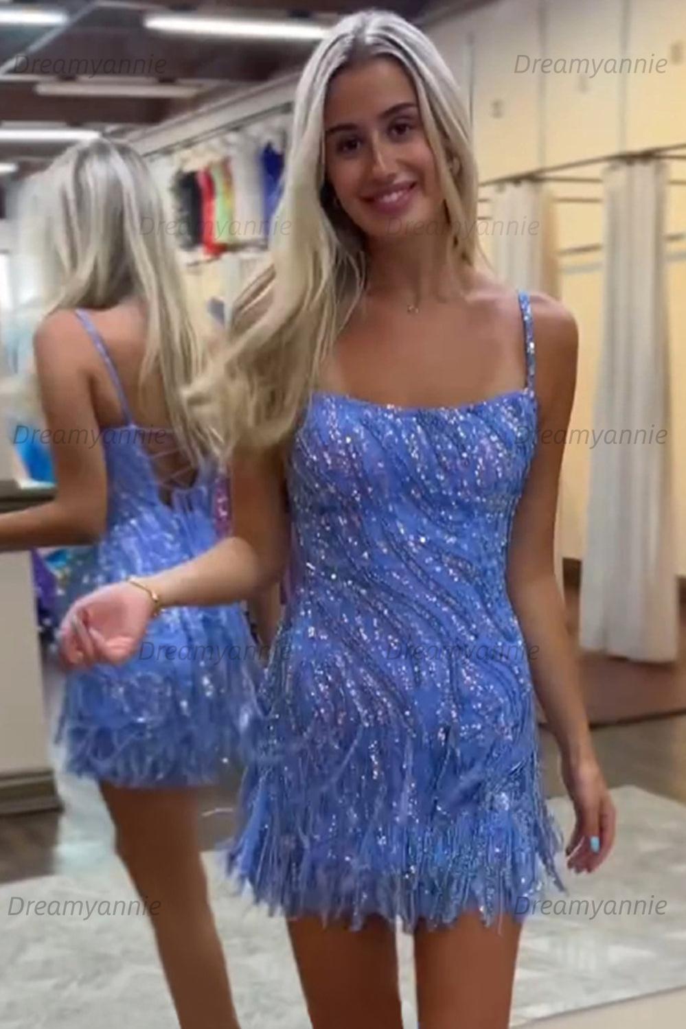 Golden Homecoming Dress Spaghetti Straps Beaded Fringed Tight Short Hoco Dress