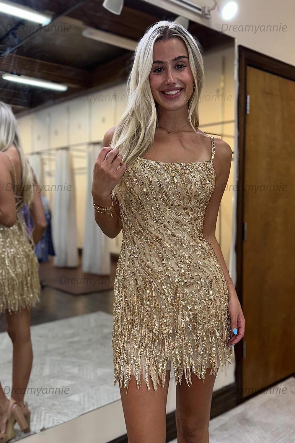 Dreamyannie Golden Homecoming Dress Spaghetti Straps Sequin Tight Short Hoco Dress with Fringes