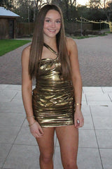 Golden Homecoming Dress Tiered Short Tight Prom Dress
