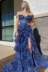 Golden Off The Shoulder Tiered Prom Dress
