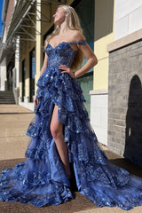 Golden Off The Shoulder Tiered Prom Dress