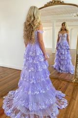 Golden Off The Shoulder Tiered Prom Dress