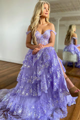 Golden Off The Shoulder Tiered Prom Dress