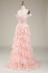 Golden Off The Shoulder Tiered Prom Dress